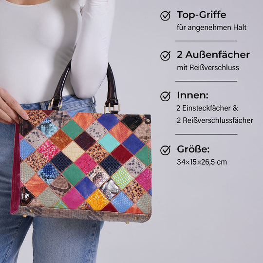Chaos by Elsie - Umhängetasche aus 100 % Echtleder mit Mini-Taschenlampe, Rautenmuster, RFID-Schutz, 34 x 15 x 27 cm (Tasche), 9,5 x 4 cm (Taschenlampe)
