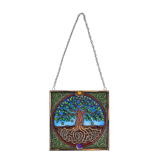 Handbemalter Sonnenfänger aus Glas mit Kette und silberfarbenem Rahmen, Mucha-Motiv, 12x15 cm