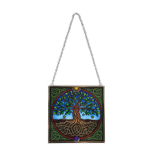 Handbemalter Sonnenfänger aus Glas mit Kette und silberfarbenem Rahmen, Mucha-Motiv, 12x15 cm