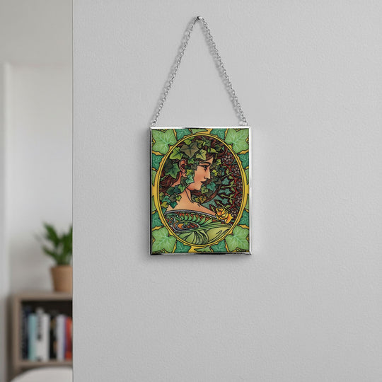 Handbemalter Sonnenfänger aus Glas mit Kette und silberfarbenem Rahmen, Mucha-Motiv, 12x15 cm