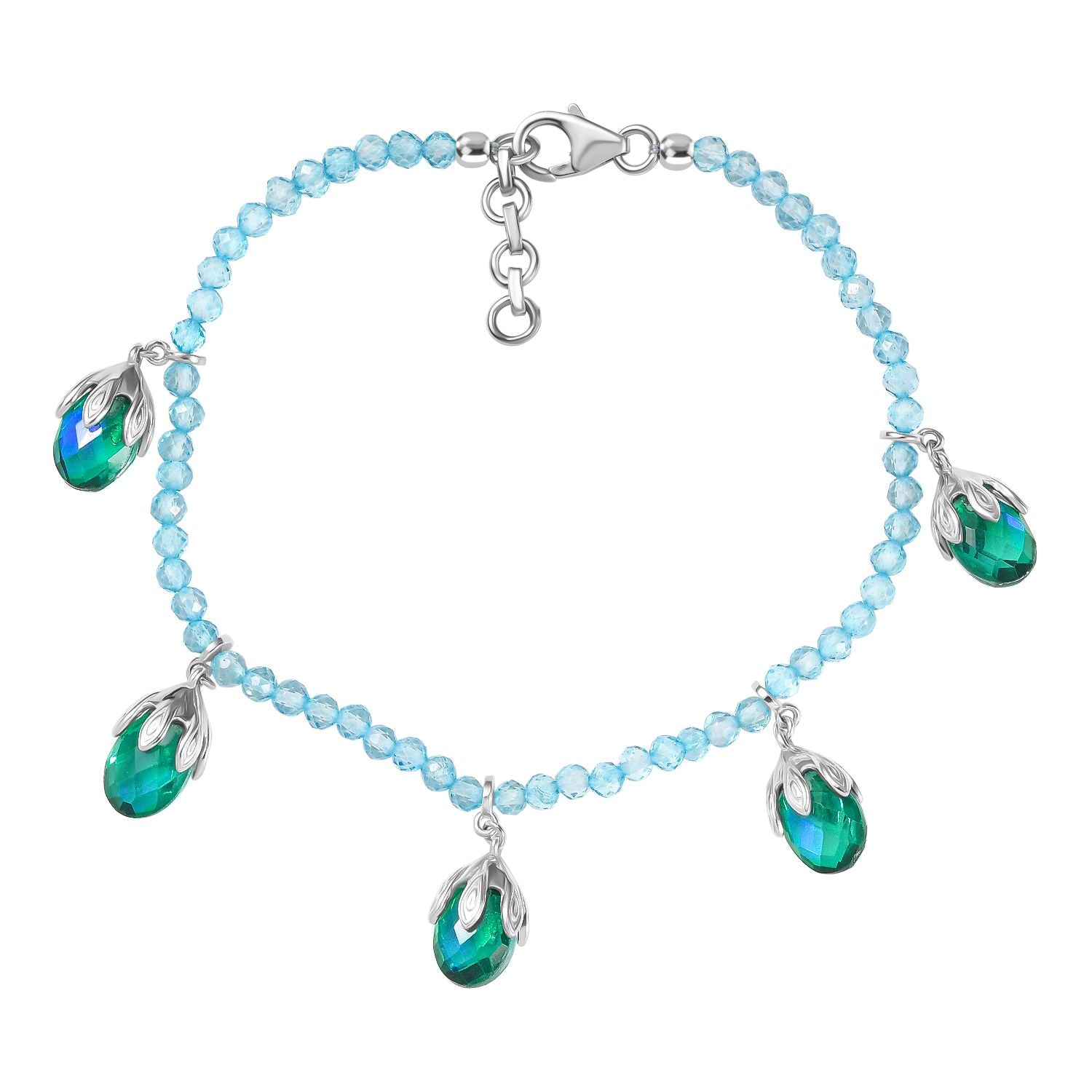 Pfau Quarz Triplette, Blauer Apatit Armband ca. 19 cm + 1.25 cm Extender, 925 Silber rhodiniert ca. 24.63 ct