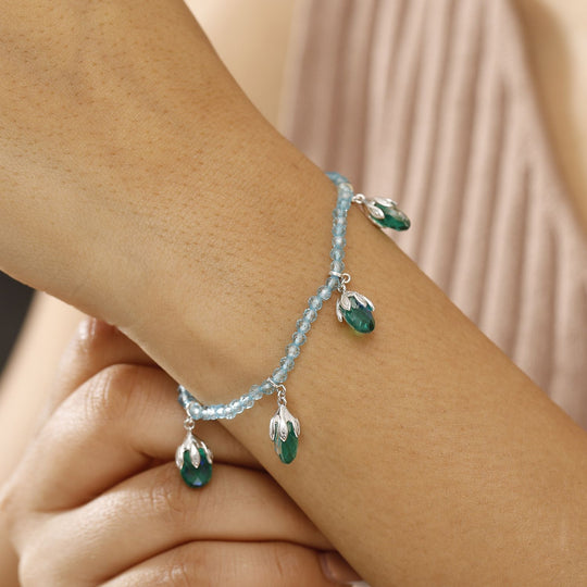 Pfau Quarz Triplette, Blauer Apatit Armband ca. 19 cm + 1.25 cm Extender, 925 Silber rhodiniert ca. 24.63 ct