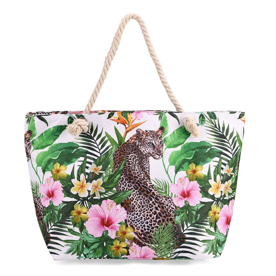 Leoparden- und Blätterdesign - Große Tragetasche mit Reißverschluss, Innentasche, ca. 40.5x 18 x38 cm