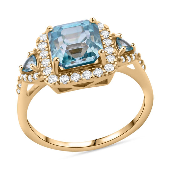AAA Blauer Zirkon, Weißer Diamant Ring 585 Gold (Größe 18.00) ca. 5.05 ct