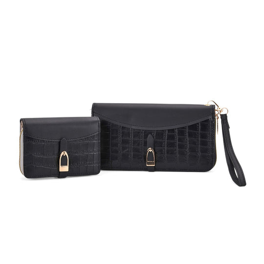 2-teiliges Geldbörsen-Set im Krokoprägungs-Design, Lange Geldbörse 20x10x3 cm und Bifold-Geldbörse 12x9x3,5 cm, Schwarz