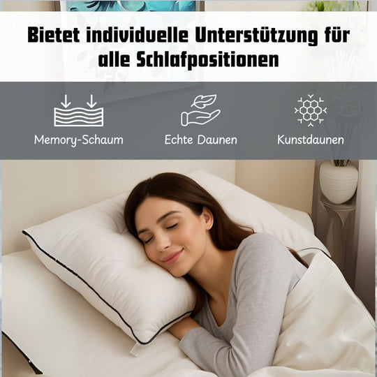 SERENITY NIGHT Weltpremiere: 5-in-1-Kissen mit echtem Daunen, Kunstdaunen und Memory-Schaum, 50x75cm