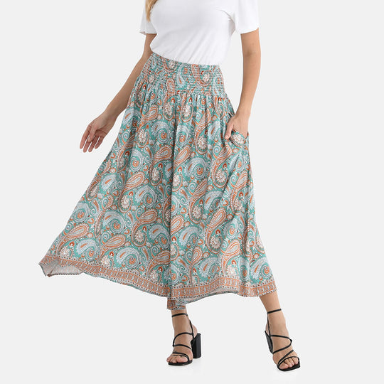 Gesmokte Taillen-Culottes mit Paisleymuster, locker, bequem, elastischer Bund, 100 % Viskose, Einheitsgröße, Beige