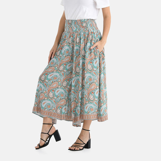 Gesmokte Taillen-Culottes mit Paisleymuster, locker, bequem, elastischer Bund, 100 % Viskose, Einheitsgröße, Beige