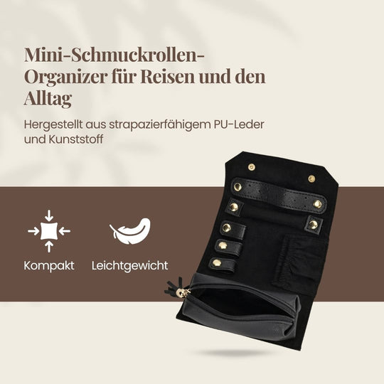 Mini-Schmuckrolle - Reise-Schmucketui aus Kunstleder mit Fächern und Reißverschlusstasche, 24 x 14 cm (offen), 14 x 6,5 cm (geschlossen), Grau