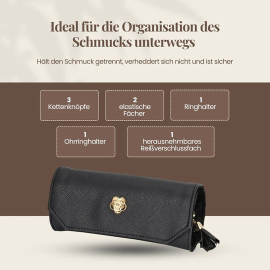 Mini-Schmuckrolle - Reise-Schmucketui aus Kunstleder mit Fächern und Reißverschlusstasche, 24 x 14 cm (offen), 14 x 6,5 cm (geschlossen), Grau