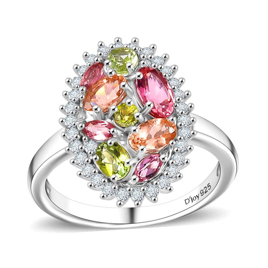 AAA Mehrfarbige Calabar -Turmalin, Weißer Zirkon Ring, 925 Silber rhodiniert (Größe 17.00) ca. 1.91 ct