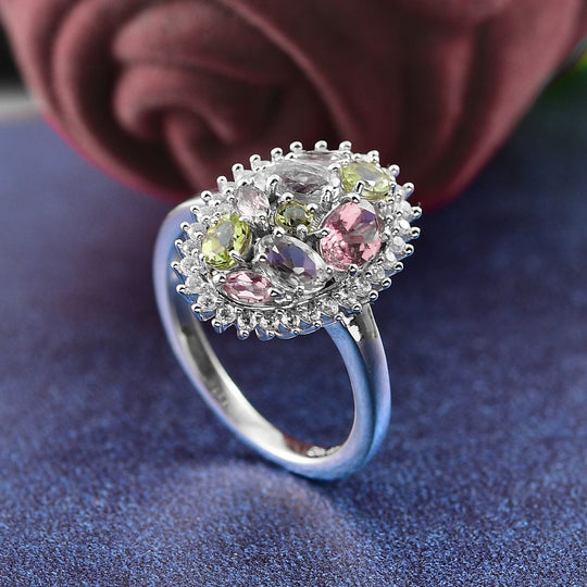 AAA Mehrfarbige Calabar -Turmalin, Weißer Zirkon Ring, 925 Silber rhodiniert (Größe 17.00) ca. 1.91 ct