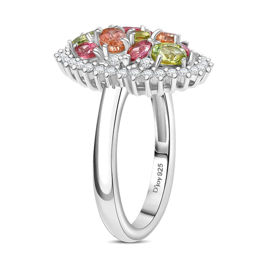 AAA Mehrfarbige Calabar -Turmalin, Weißer Zirkon Ring, 925 Silber rhodiniert (Größe 17.00) ca. 1.91 ct