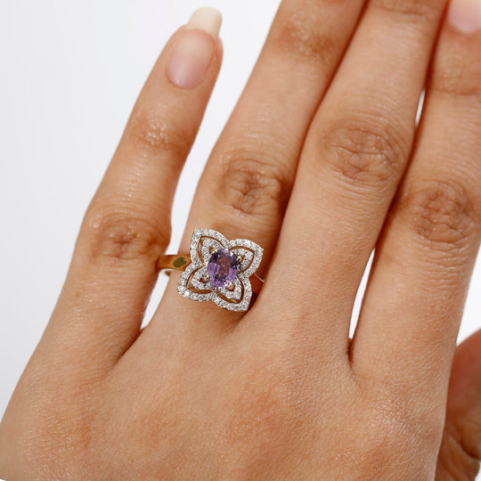 LUXORO zertifizierter und geprüfter AAA Lila Saphir und Diamant floraler Halo Ring in 417 Gold - 1,39 ct.