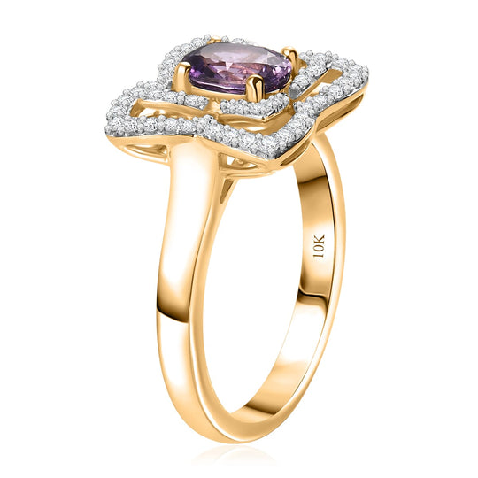 LUXORO zertifizierter und geprüfter AAA Lila Saphir und Diamant floraler Halo Ring in 417 Gold - 1,39 ct.