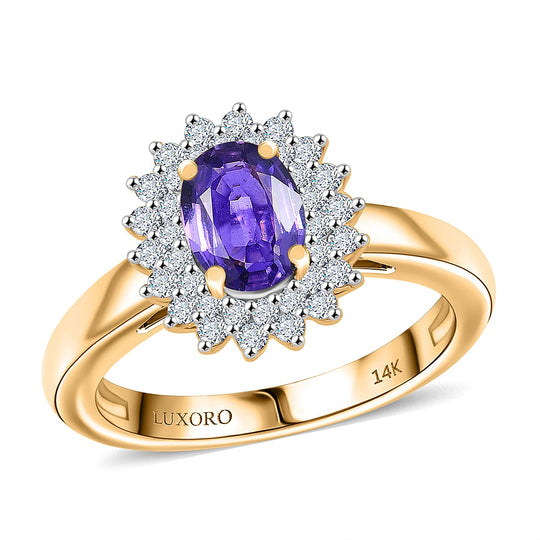 AAA Lila Saphir, Weißer Diamant AGI zertifiziert und geprüft Ring 585 Gelb Gold (Größe 18.00) ca. 1,38 ct