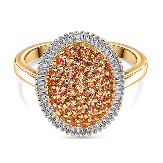 AAA Padparadscha Saphir (B), Weißer Diamant Ring 925 Silber 750 Gelbgold Vermeil (Größe 21.00) ca. 1.03 ct