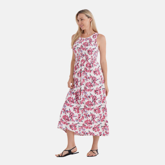 Schulterfreies, Smocked Kleid mit Rosa Blumenmuster, Hoher Taillen-Schnitt, Mit Gürtel, Mehrfarbig