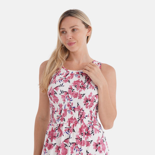 Schulterfreies, Smocked Kleid mit Rosa Blumenmuster, Hoher Taillen-Schnitt, Mit Gürtel, Mehrfarbig