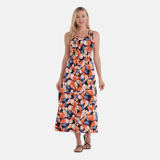 Schulterfreies, Smocked Kleid mit Rosa Blumenmuster, Hoher Taillen-Schnitt, Mit Gürtel, Mehrfarbig