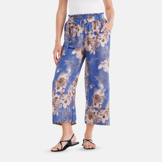Weit geschnittene Hose mit Blumenprint, High-Waist-Design, elastischer Bund, mit Seitentaschen, elastisch und bequem, Einheitsgröße, Länge 99 cm, Weiß