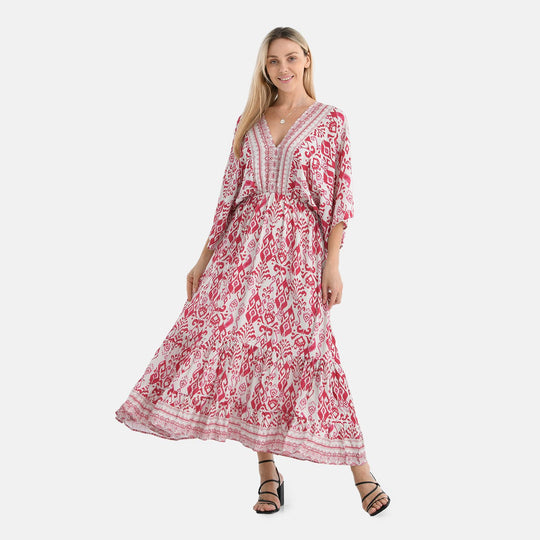 Maxikleid mit Platzdruck, Kimono-Ärmeln, elastischer Taille und Stufenrock, Rückenschleife, 100% Viskose, 38x135 cm (erweiterbar bis 62 cm), Rot gemustert, Rosa