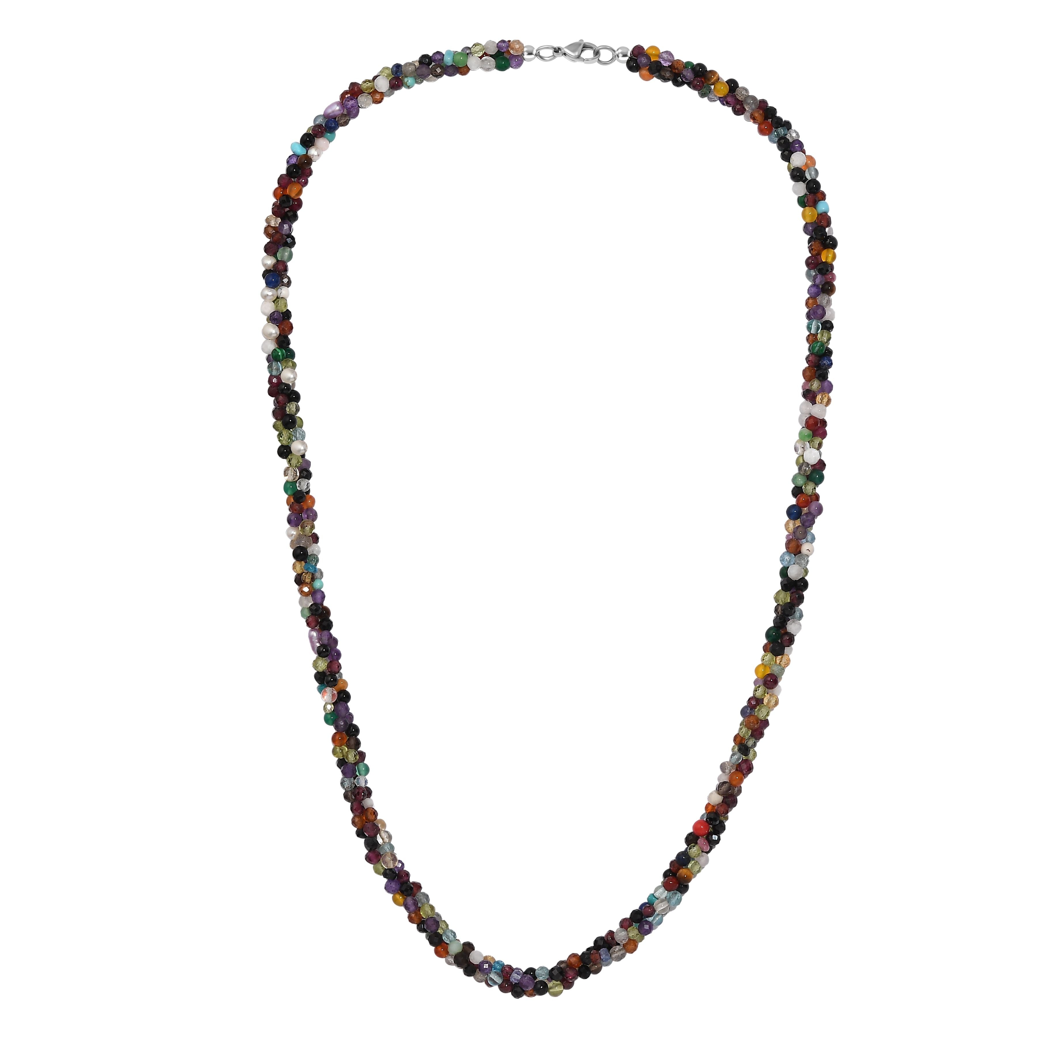 Mehrfarbige Edelsteine Halskette ca. 50 cm 925 Silber rhodiniert und Edelstahl ca. 100.00 ct