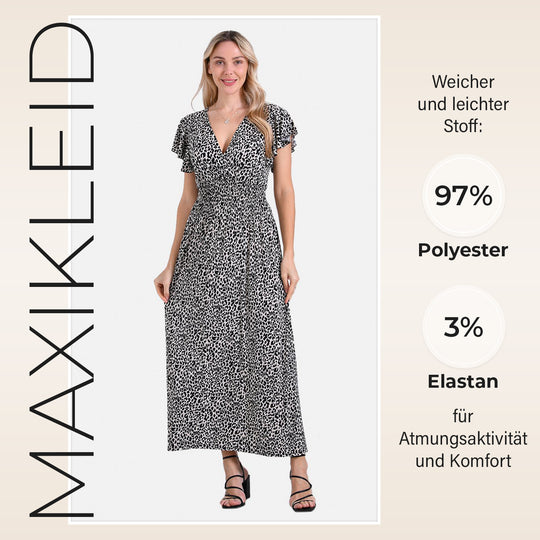 Gesmokter Maxikleid mit Volantärmeln, Beige mit Leopardenmuster, Einheitsgröße, Blau