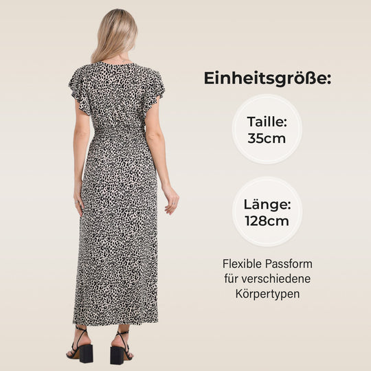 Gesmokter Maxikleid mit Volantärmeln, Beige mit Leopardenmuster, Einheitsgröße, Blau