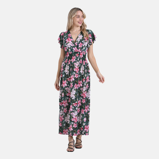 Floral Romance, Maxikleid mit Smokbund und Volantärmeln, Polyester-Elasthan-Mix, Blau