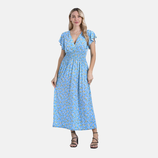 Floral Romance, Maxikleid mit Smokbund und Volantärmeln, Polyester-Elasthan-Mix, Blau