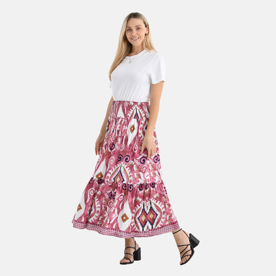 Maxirock mit sommerlichem Blumenprint und elastischem Bund, 75 cm Länge, 100% Viskose, Rosa