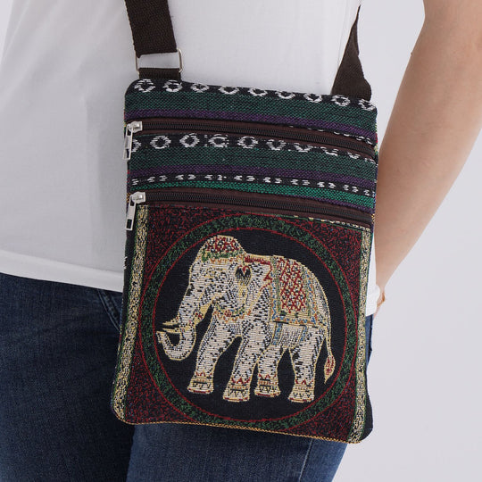 Crossbody-Tasche mit Elefantenmotiv, Polyester, 3 Reißverschlussfächer, verstellbarer Schultergurt (ca. 120 cm), 21x28 cm, Mehrfarbig