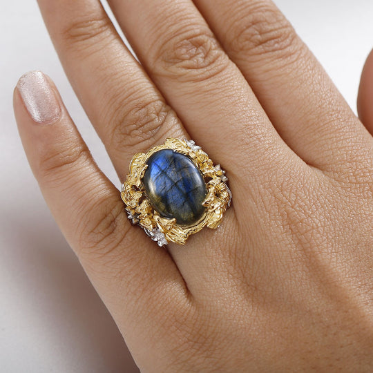 Labradorit Ring 925 Silber Rhodiniert und 750 Gelbgold Vermeil (Größe 20.00) ca. 12,90 ct