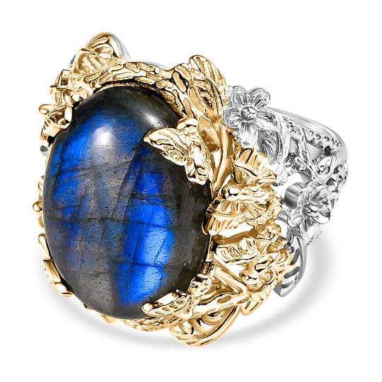 Labradorit Ring 925 Silber Rhodiniert und 750 Gelbgold Vermeil (Größe 20.00) ca. 12,90 ct