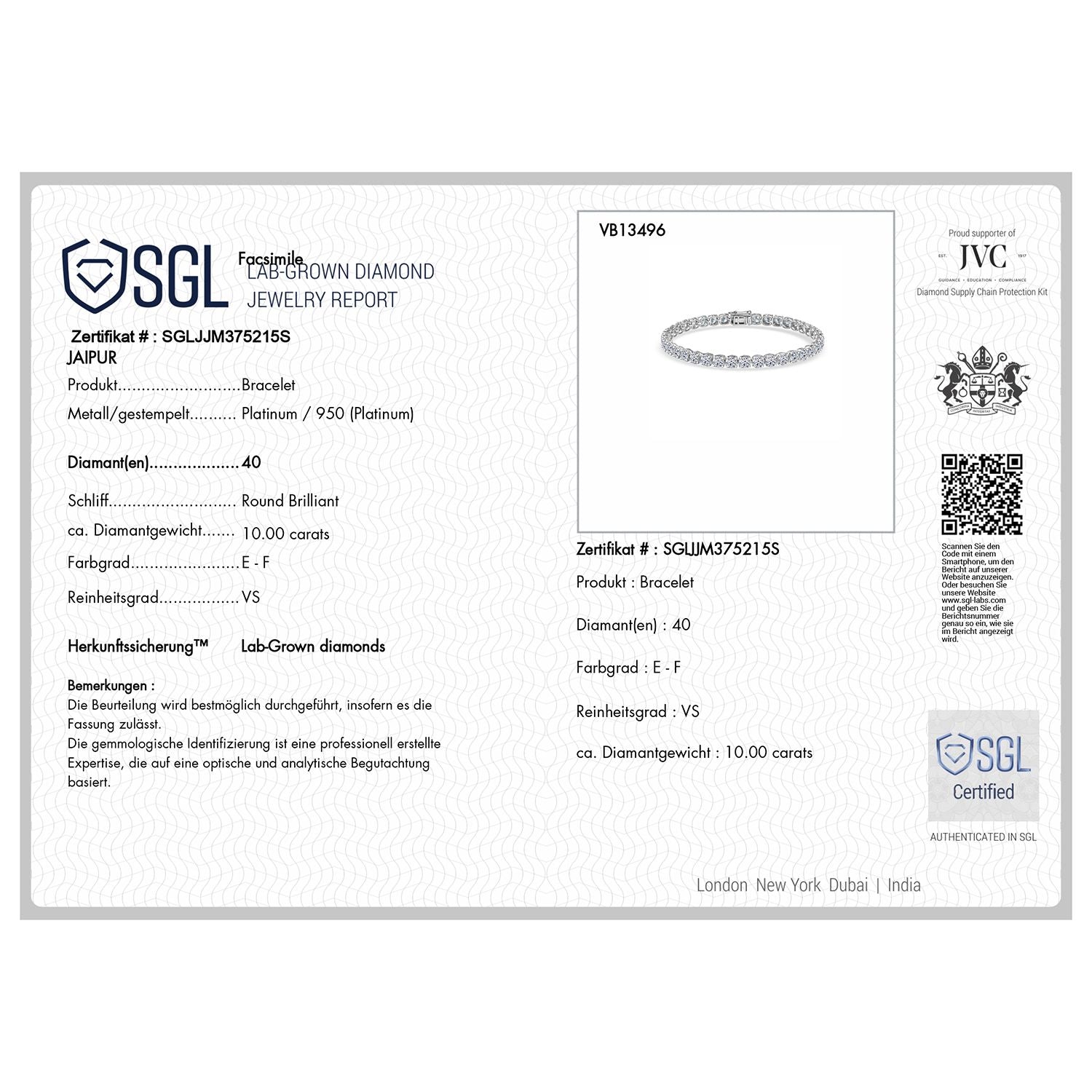 LUXURIANT DIAMOND - Lab Grown Diamant VS-EF SGL zertifiziert Armband ca. 19 cm 950 Platin ca. 10.00 ct