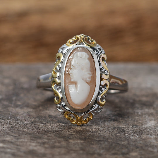 D'Joy Natürlicher Italienische Kamee Conch-Muschel Ring 925 Silber rhodiniert (Größe 18.00) ca. 1.95 ct