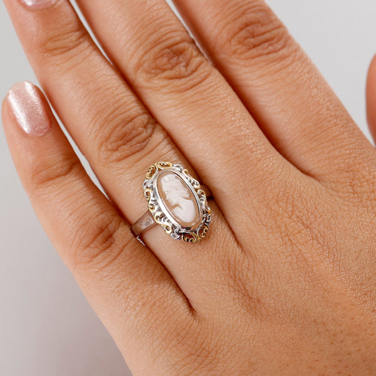 D'Joy Natürlicher Italienische Kamee Conch-Muschel Ring 925 Silber rhodiniert (Größe 18.00) ca. 1.95 ct