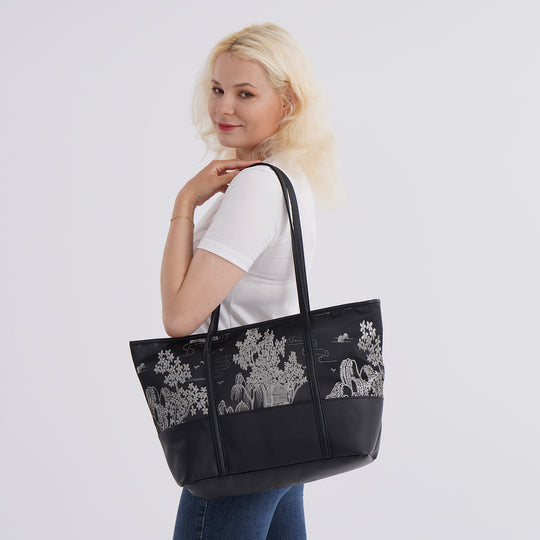 Schultertasche modischem Print, große Kapazität, mit Reißverschluss und Innentasche, 48x29x14 cm, Polyester mit PU-Leder, Blau mit Blumenmuster