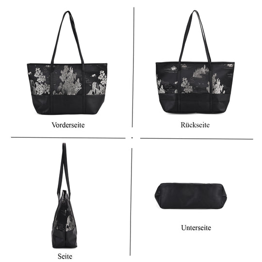 Schultertasche modischem Print, große Kapazität, mit Reißverschluss und Innentasche, 48x29x14 cm, Polyester mit PU-Leder, Blau mit Blumenmuster