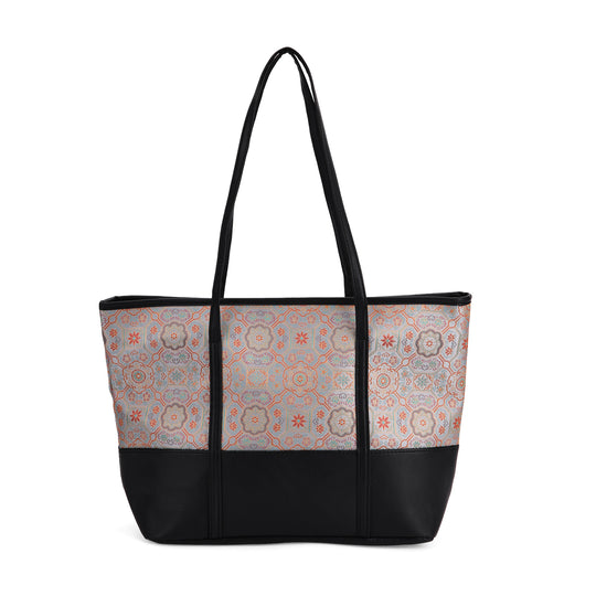 Schultertasche modischem Print, große Kapazität, mit Reißverschluss und Innentasche, 48x29x14 cm, Polyester mit PU-Leder, Blau mit Blumenmuster