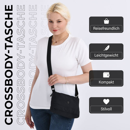 Crossbody-Tasche aus Nylon, mit mehreren Reißverschlussfächern und verstellbarem Schulterriemen, 24x15x9cm, Schwarz