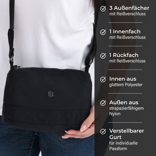 Crossbody-Tasche aus Nylon, mit mehreren Reißverschlussfächern und verstellbarem Schulterriemen, 24x15x9cm, Schwarz
