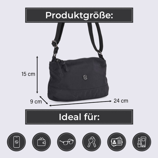 Crossbody-Tasche aus Nylon, mit mehreren Reißverschlussfächern und verstellbarem Schulterriemen, 24x15x9cm, Schwarz