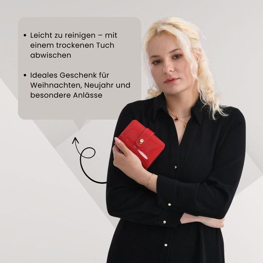 Glänzendes Trifold-Portemonnaie aus Lackleder mit RFID-Schutz, 12 x 10 cm, Pink