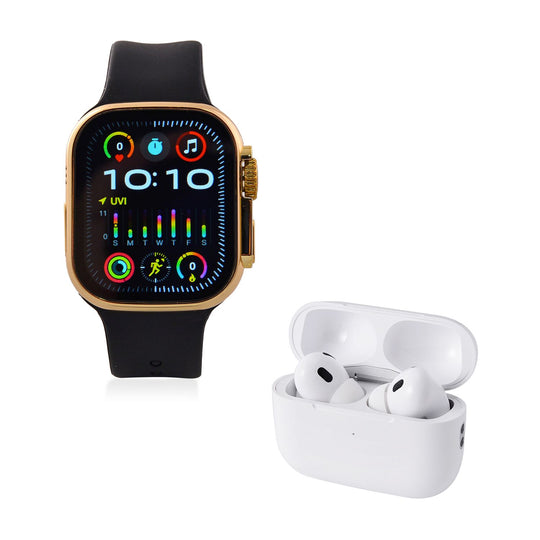 I20 Ultra 2 Max Suit - 10-in-1 Smartwatch-Komplettset mit Smartwatch, Gold-Drehkrone, Kopfhörern, Displayschutz, Ladekabel und 7 Wechselarmbändern, goldfarben