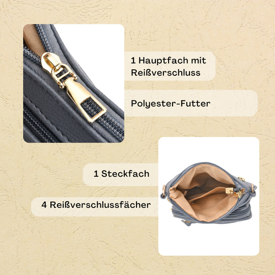 Crossbody-Tasche mit mehreren Fächern, 19x22?cm, Rosa-Grau mit gemustertem Schultergurt, rosa