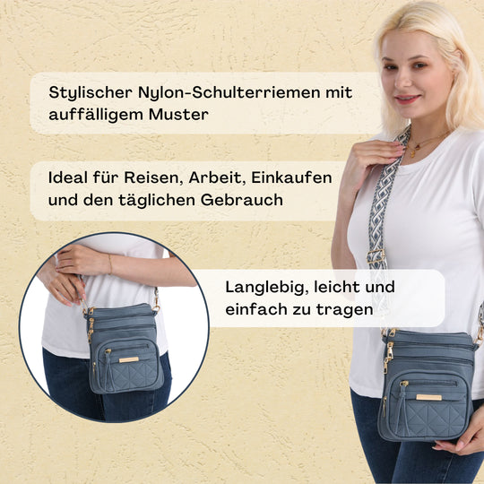 Crossbody-Tasche mit mehreren Fächern, 19x22?cm, Rosa-Grau mit gemustertem Schultergurt, rosa