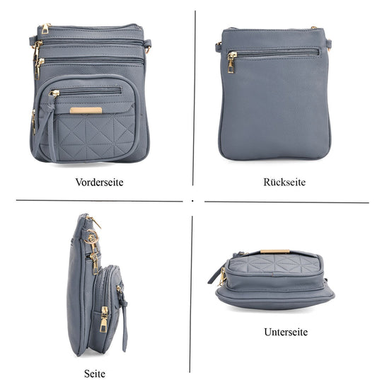Crossbody-Tasche mit mehreren Fächern, 19x22?cm, Rosa-Grau mit gemustertem Schultergurt, rosa