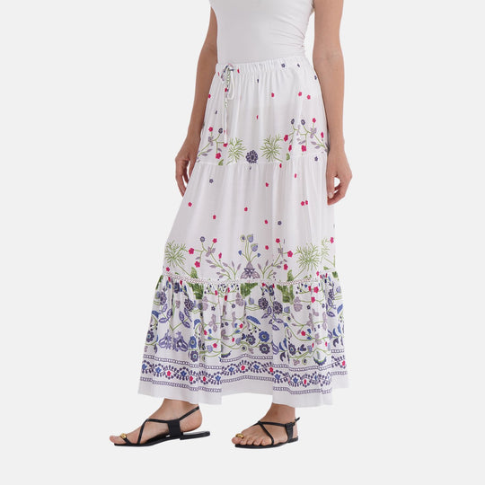 Maxirock mit Blumenprint aus 100% Viskose, 90 cm, Weiß mit floralen Akzenten - Einheitsgröße, weiß